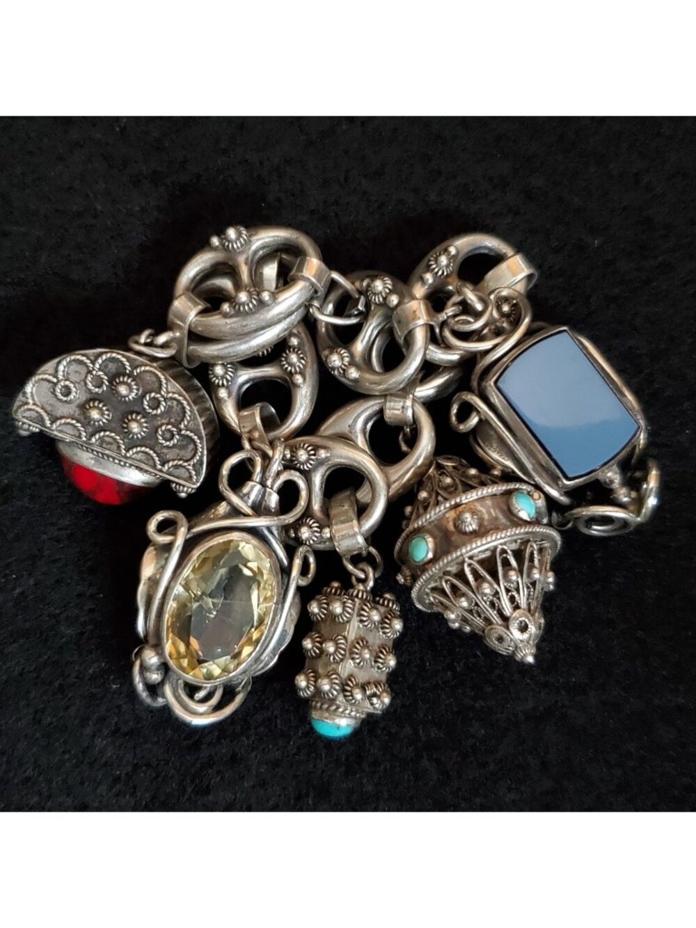 Vintage Etruscan Revival Charm Bracelet 800 Silver Chunky Fob Ornate Gemstone 7"